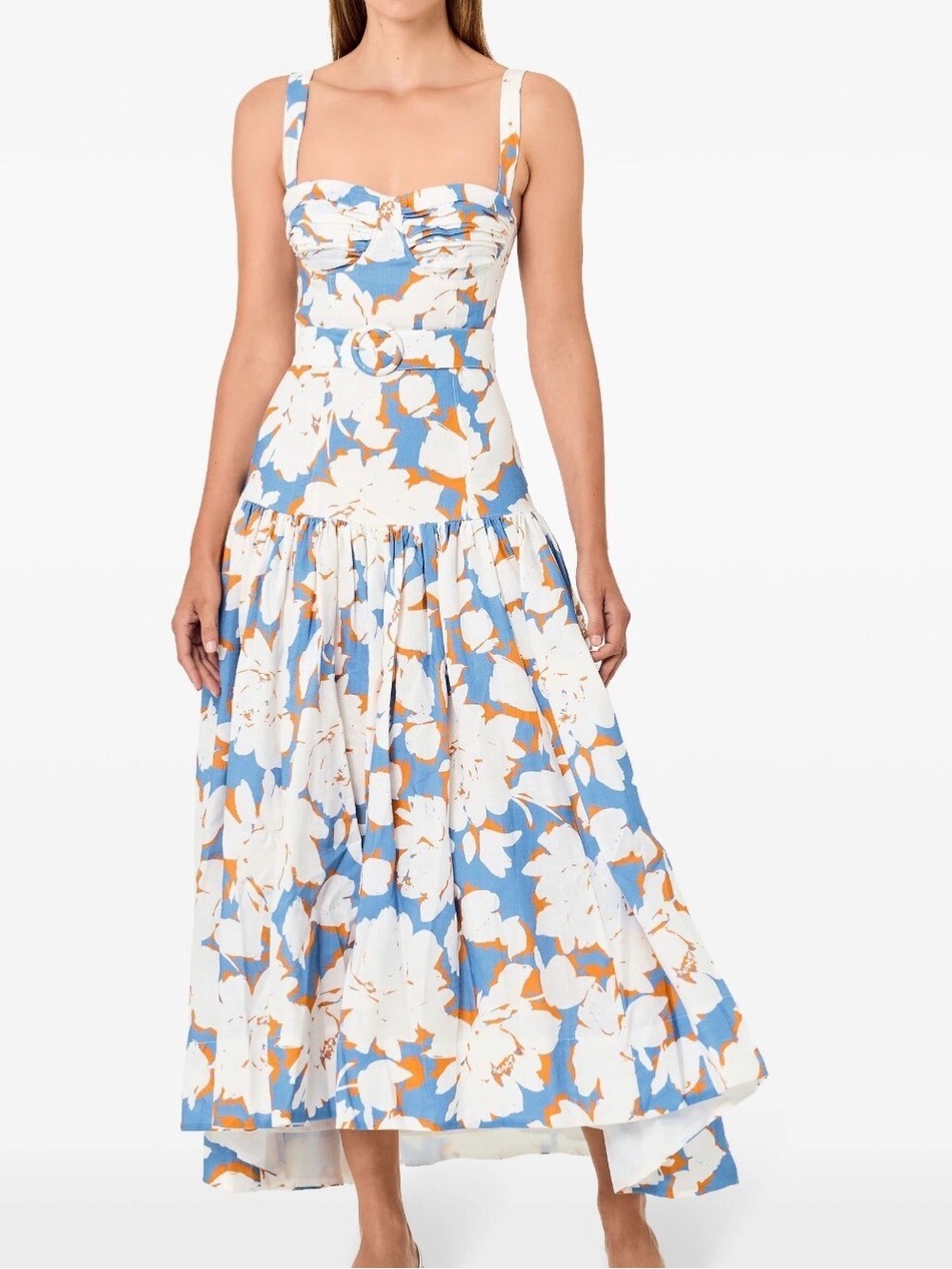 Nicholas Drenica Drop Waist Corset Midi Dress Santorini Floral Linen US 2